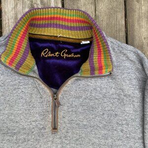 Vintage 100% Wool Robert Graham Stretch Knit 1/4 Zip Sweater XL Gray